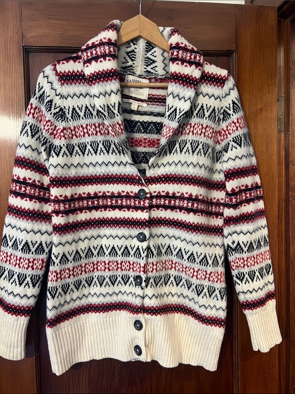 Cambridge Dry Goods Cream Cardigan with Red & Black Nordic Stripes